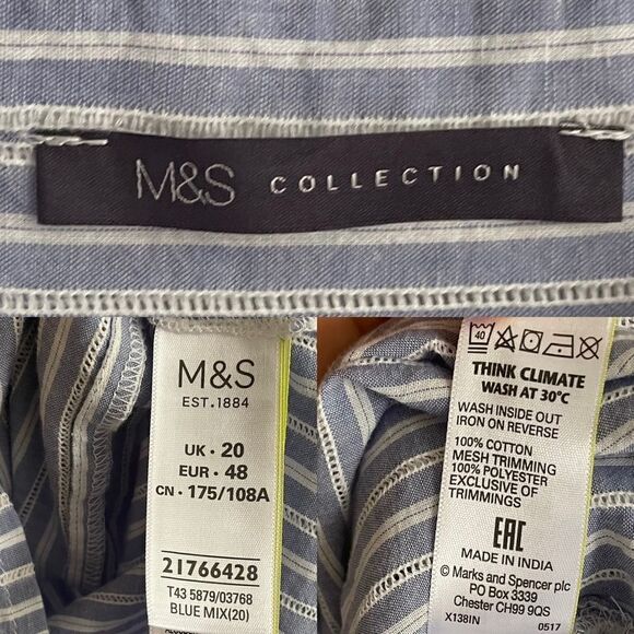 Marks & SPENCER Cotton Striped Button Front Shirt Blouse Lace Blue White XL - Picture 7 of 7